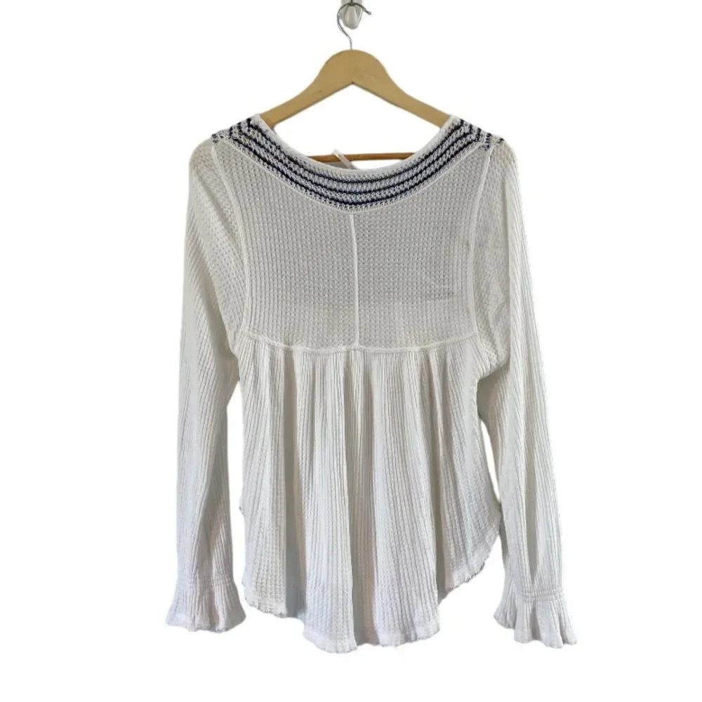 Free People Soul Mate Knit Hi-Lo Thermal Long Sleeve Top, Blue/White, Size Small